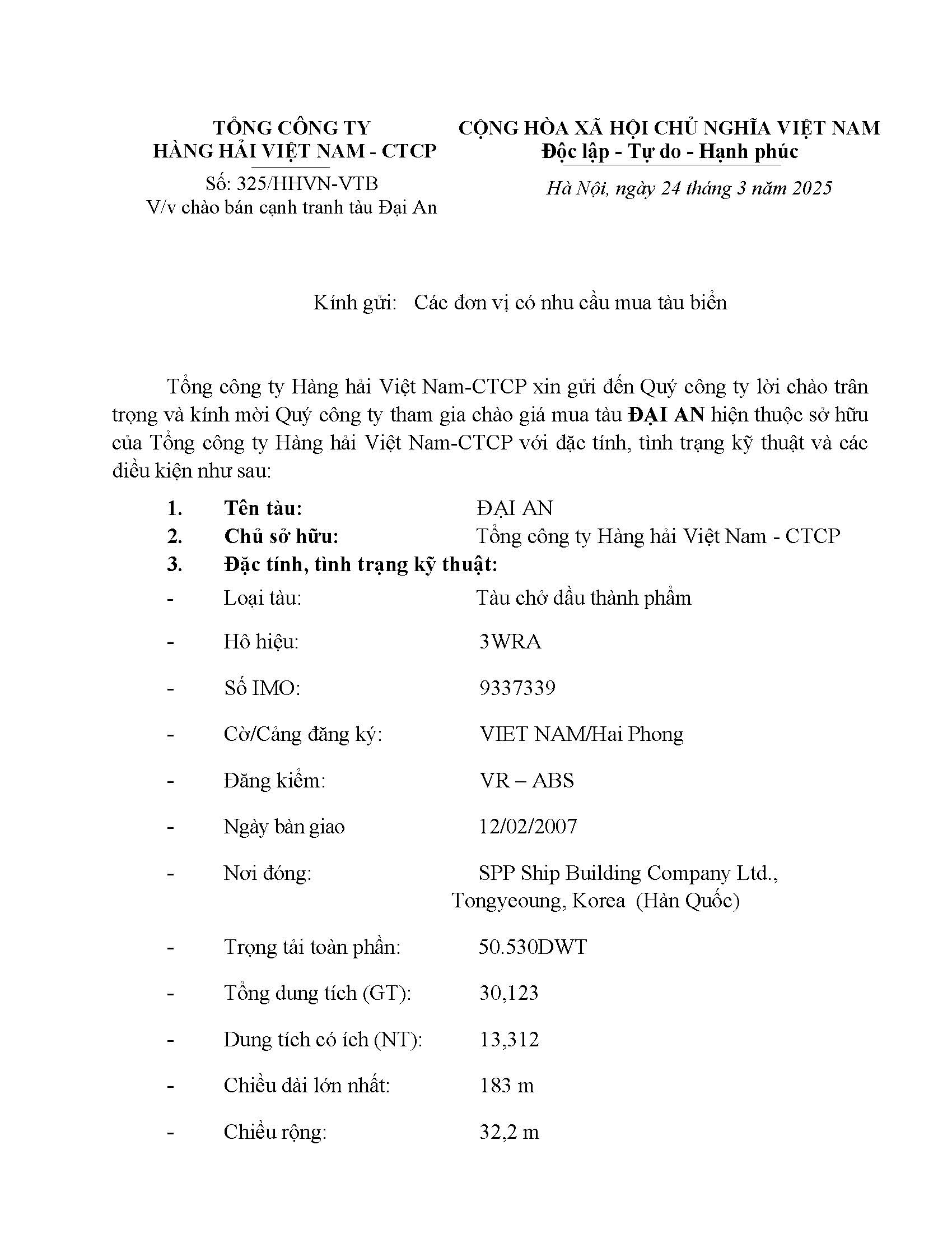 Thư chào bán tàu Đại An